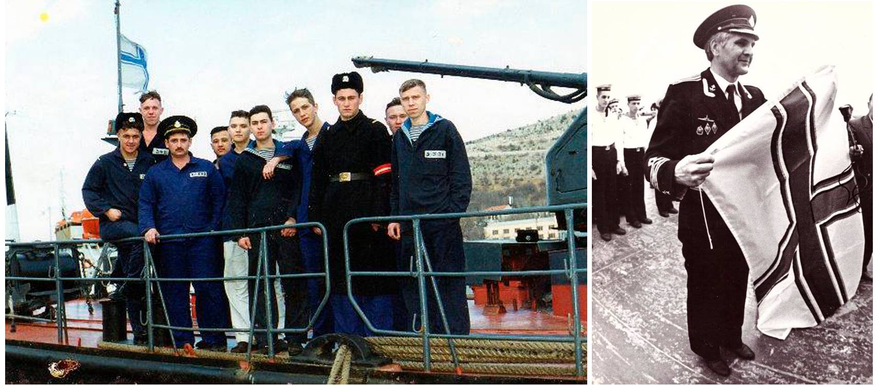 Іл. 21. Ліворуч корма корвету «Вінниця», жовтень 1997 р., порт Констанца, автор І. Біланчук. Праворуч командир ВДК «Рівне» капітан 2-го рангу О. Калініченко під час урочистого підйому прапора на своєму кораблі, 1996 р.