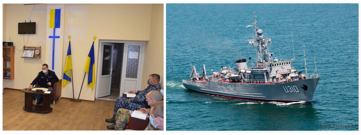 Іл. 42. Новий зразок вимпела корабля: ліворуч під час зборів з сержантським складом ВМС, праворуч на щоглі МТЩ «Чернігів».