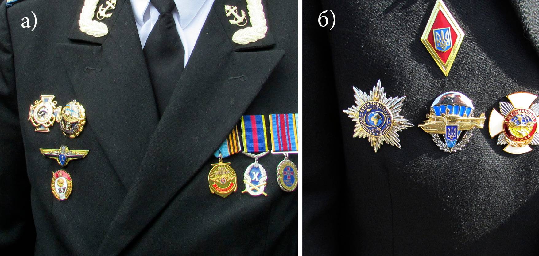 Нагрудний знак «20 років морській авіації України» та ювілейна медаль «50 років 555 СПЛАП» на військовій формі (а). Нагрудний знак «За парашутне десантування з літака-амфібії Бе-12» на військовій формі (б).