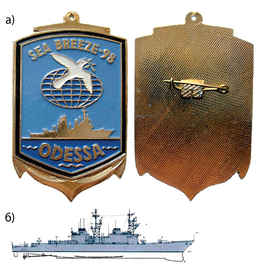 Пам’ятний нагрудний знак «Sea-Breeze 98» (а). Профіль правого борту есмінця «Стамп» (тип «Спрюенс») (б).